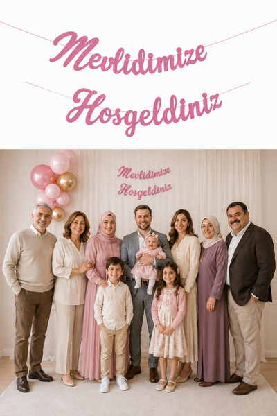 Parti dolabı 1 Adet Pembe Mevlidimize Hoşgeldiniz Kaligrafi Yazı Banner Kız B...