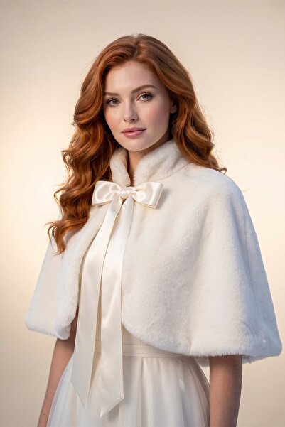 Elegance Scarf Long Bow Soft Textured Fur Etol Bridal Bolero Off White