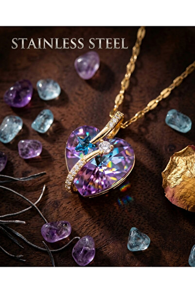 stainless steell Gold Color Chain Translucent Purple Color Heart Model Steel ...