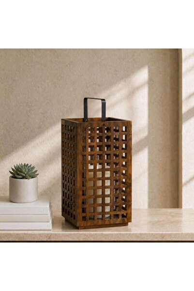 PAN HOME Zaya Acacia Wood Latticed Lantern 26x22x54cm -walnut