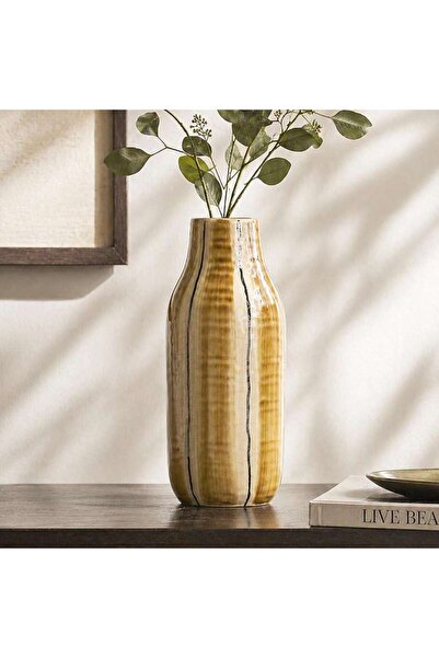PAN HOME Emi Stoneware Linear Glaze Vase 10.5x10.5x25.5cm - Ochre