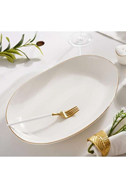 PAN HOME طبق بيضاوي أبيض من أبريك مقاس 34×22.5×4.5 سم