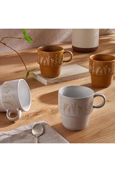 PAN HOME Foliage 4-Piece Mug Set 400ml -Yellow Ochre & White