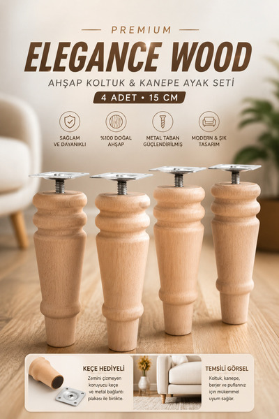 NZB 15 cm Doğal Ahşap Ayak (4 Adet)Silindir Mobilya Koltuk Kanepe Ayağı Metal...