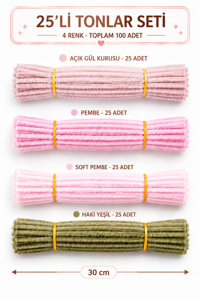 Hobialem 100 Adet 4'lü Şönil Set Pembe (25) Gül Kurusu (25) ,Soft Pembe (25) ...