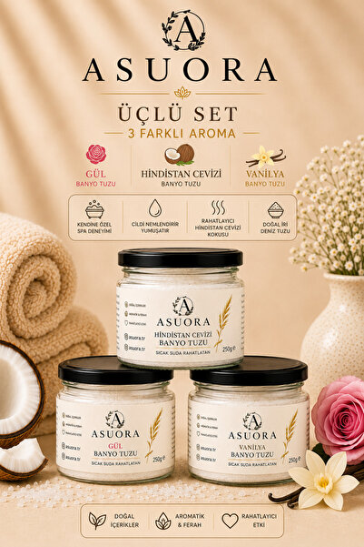 ASUORA Aromatik 3’lü Banyo Tuzu Seti (Vanilya - Gül - Hindistan Cevizi)