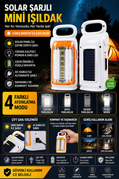 harry Güneş Enerjili ve Şarjlı 4 Fonksiyonlu Cob Led ve Florsan Işıklı Mini I...