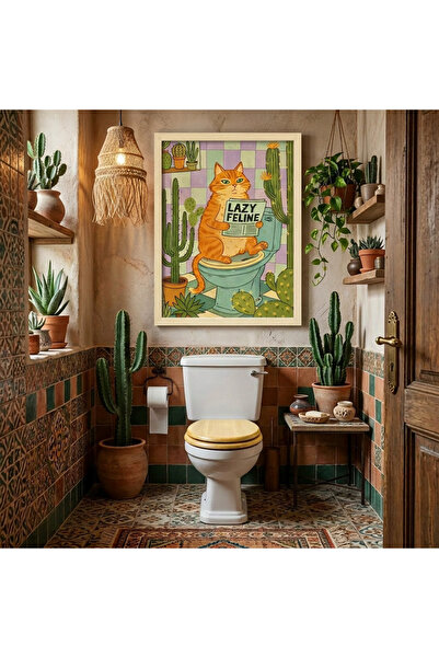 Creatick Design Kedili Mizah Tuvalet Dekor Tablosu – Tembel Kedi - Banyo Duva...