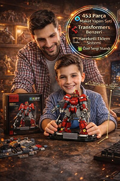 TOYFEST Transformers Benzeri Kırmızı Maket Robot Seti 453 Parça Hareketli Ekl...