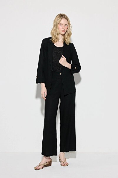 Gusto Viscose Linen Relaxed Fit Unlined Jacket - Black