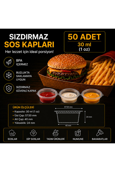 Akay Pack 50 Adet, 30 ml (1 oz) Sızdırmaz Kapaklı Sos Kabı | BPA Free PP Mini...