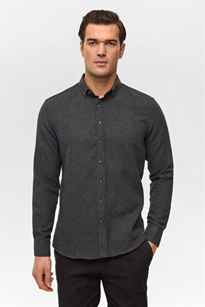 SÜVARİ Siyah Slim Düğmeli Yaka Düz Casual Gömlek