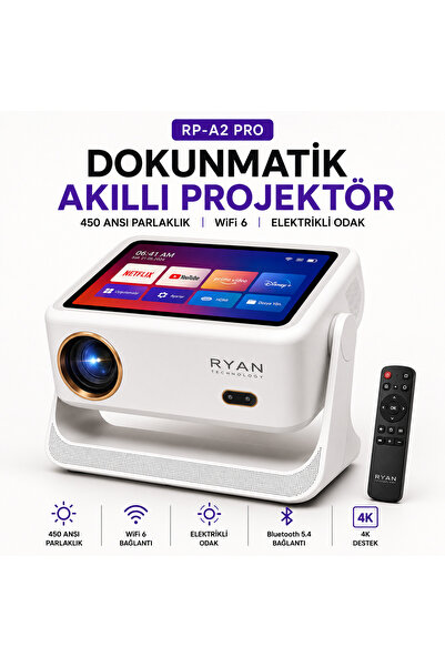 Ryan Ev Sinema Projeksiyon Cihazı Akıllı Projektör 450 ANSI 4K Destekli HD Wi...