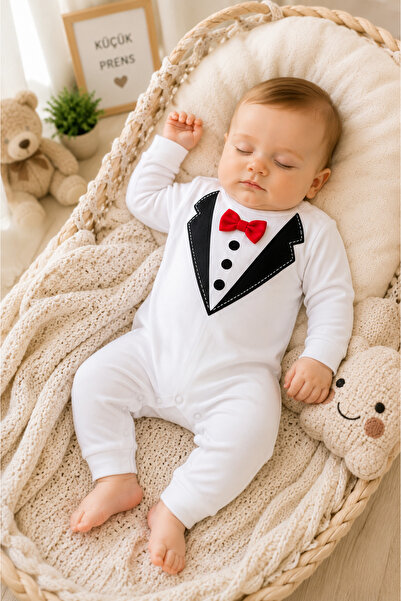 nevrankids Gentleman Collection Ekru Kırmızı Papyonlu Pamuklu Erkek Bebek Tulum