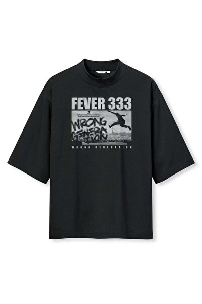 buzagi tasarım ürünleri Fever 333 Digital Print Oversize Black Unisex T-Shirt