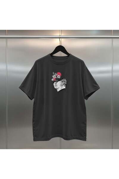 buzagi tasarım ürünleri Sculpture Digital Print Oversize Unisex Black T-Shirt