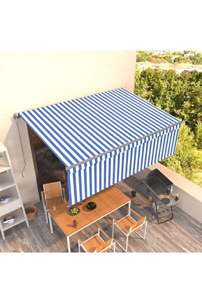 Concept Copertină retractabilă manual cu stor, albastru&alb, 4,5x3 m