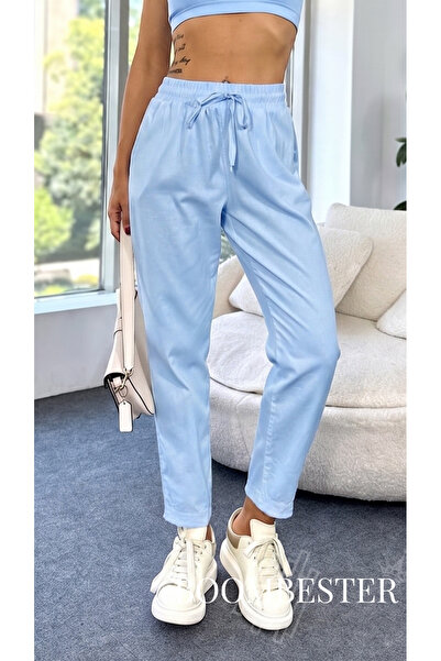 BoomBester Kadın Gabardin Keten Pantolon Beli Lastikli Bağcıklı Cepli Püskül ...
