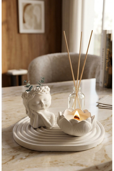 aymumi home Dekoratif Kız Biblo Tealight Mumluk ve Bambu Çubuklu Oda Kokusu S...