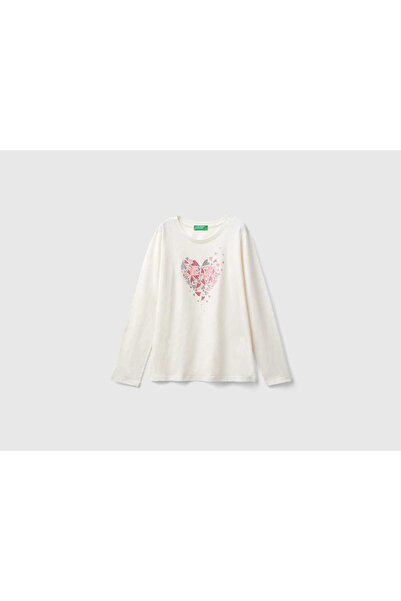 United Colors of Benetton تي شيرت بناتي بأكمام طويلة ورقبة دائرية وطبعة