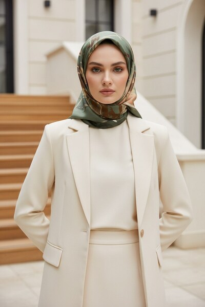 Vissona %100 Twill İpek Geometrik Desenli Çağla - Bakır Renkli 90x90 Eşarp Dikim Şekli : El Dikişi