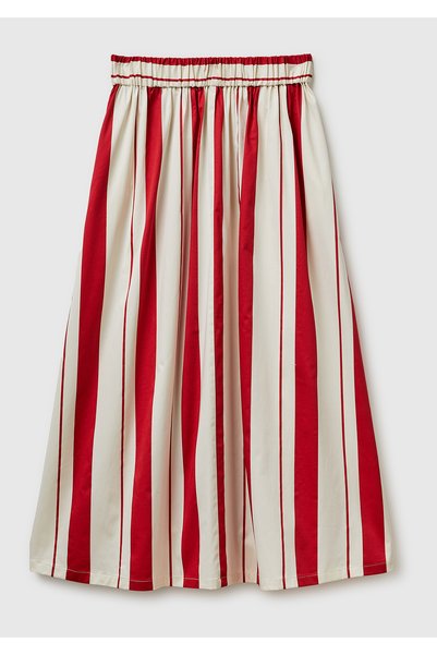United Colors of Benetton Women's Red Cotton Blend Striped Pleated Skirt