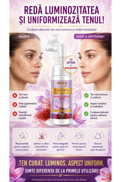 Softto Plus Spumă de Curățare cu Șofran și Niacinamidă – Cu Perie Integrată