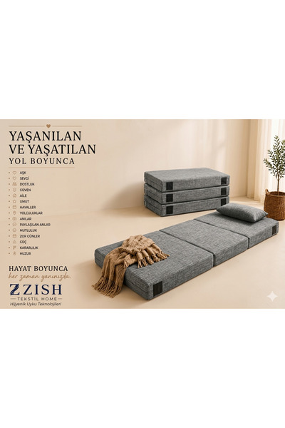 zishtekstil Gri Katlanır Sünger Misafir Yer Yatağı ve Balkon Minderi 7cm