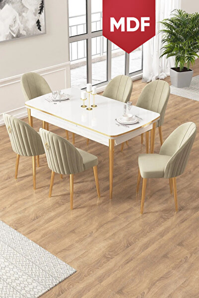 Canisa Edaf Serisi 80x132 MDF Açılabilir Beyaz Mutfak Masa Takımı 6 Krem Sand...