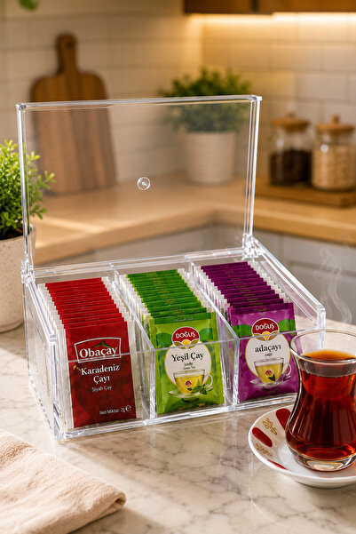 Limeks Home 6 Bölmeli Poşet Çay Saklama Kutusu Desenli Organizer