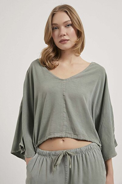 Arma Life Armalife 2787 TENCEL™ Beli Elastic Detail V-Neck Relaxed Women's Bl...