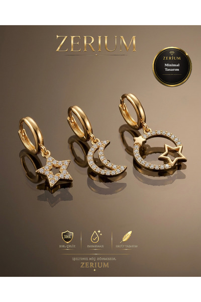 ZERİUM Kadın Gold Çelik 3'lü Küpe Seti Zirkon Taşlı Gökyüzü Temalı Küpe Seti