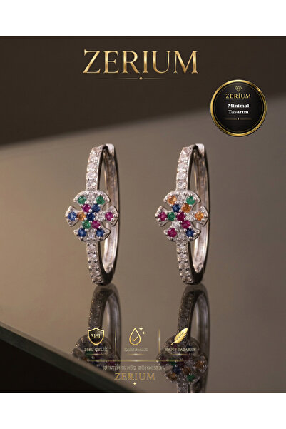 ZERİUM Women's Silver Color Steel Earrings with Multicolored Stone Flower Fig...
