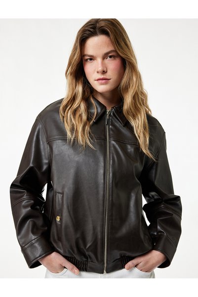 Koton Zippered Long Sleeve Faux Leather Jacket with Pockets