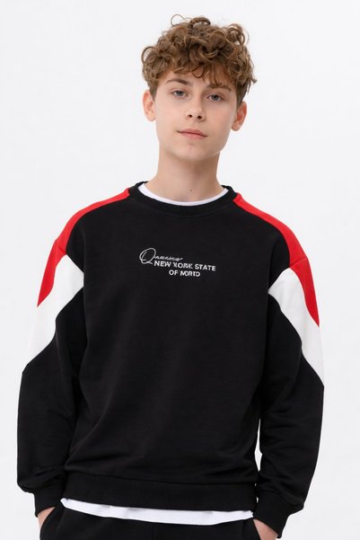 HayKids Boy's Crew Neck Sweatshirt with Text Print Detail, Black Top and Bottom Tracksuit Set, Ages 6-7-8-9-10