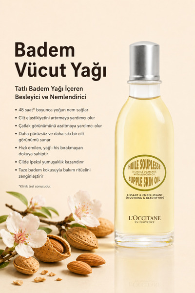 L'Occitane Badem Vücut Yağı, Tatlı Badem Yağı İçeren Besleyici ve Nemlendiric...