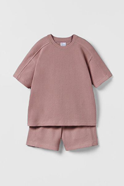 hepbaby Açık Mürdüm, Waffle Dokulu Şortlu Çocuk Takım Hb23990