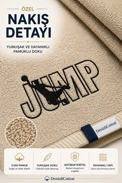 denizlicotton Beige Embroidered Sports Towel 30X90 cm Cotton Sweat Absorbent Fitness Pilates Tennis Boxing Towel