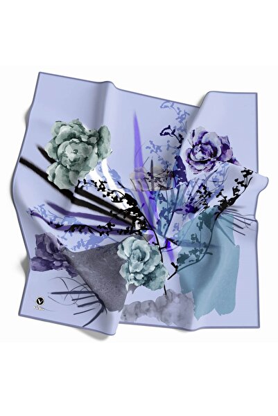 VİOLLA Twill Çiçek Desenli Bebe Mavisi Renkli 90x90 Eşarp (İpek İçermez) Diki...