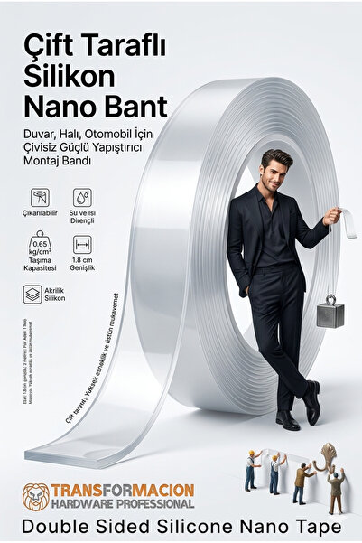 Transformacion 2 Metre Çift Taraflı Şeffaf Akrilik Silikon Nano Bant - Duvar,...