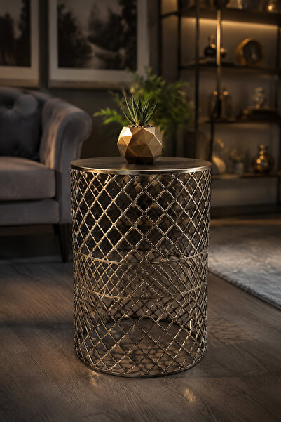 VENON 💎Metal Modern Sehpa 💎30 Cm Çap 48 Cm Yükseklik 💎Siyah Sarı Patine De...