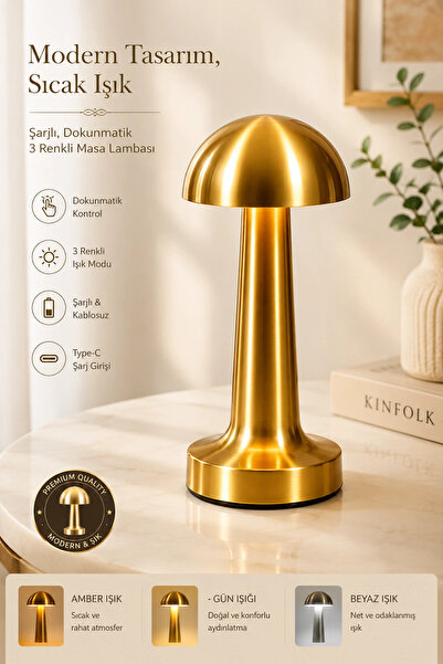 Tilbe Home 3 Işık Renkli Şarjlı Dim Edilebilir Masa Lambası Gold Kasa Masaüst...