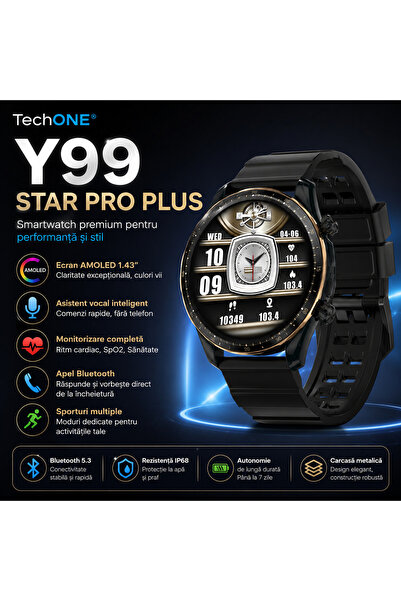 Techone Smartwatch pentru bărbați Y99 Star Pro Plus, Negru