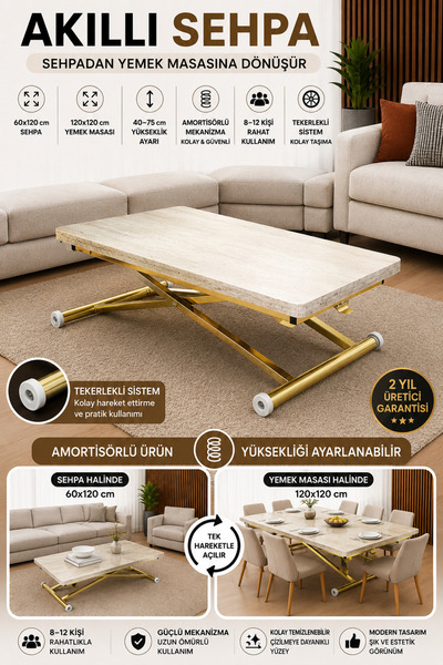 SEHPAM AKILLI Akıllı Sehpa Home Üst Tabla Mdf Traverten Oval Güvenli Köşe Alt...