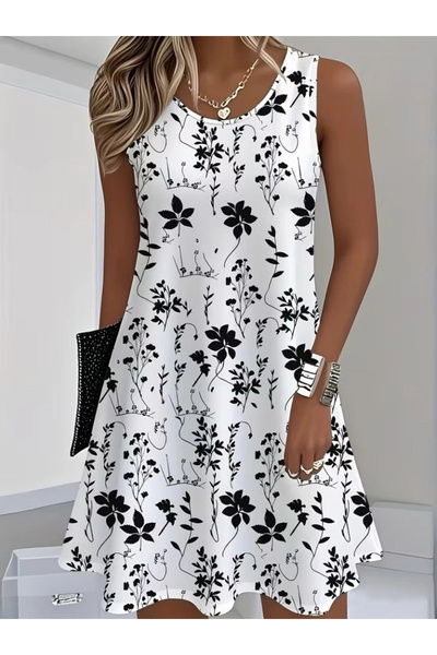 Butik Women's Strappy Round Neck Patterned Short Single Jersey Dress