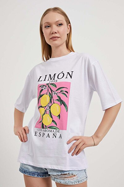 Arma Life Women's Lemon Printed Crew Neck White Loose T-Shirt