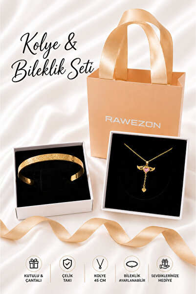 RAWEZON Gold Renk Ayetel Kürsi Set-Çelik Kanatlı Kalpli Kolye ve Ayarlanır Bi...