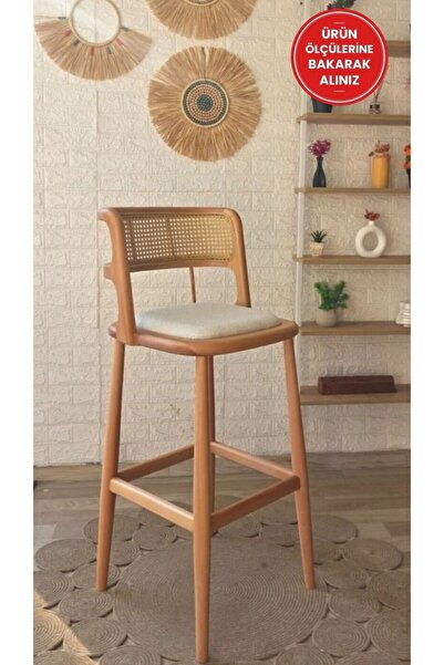 silla Odin Bar Sandalyesi Teddy Krem Kumaş Hasırlı Naturel Ahşap Ada Sandalye