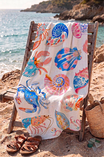 Tuğba Kuğu 100% Cotton 4 Layer Muslin Beach Towel - Sea Wonders