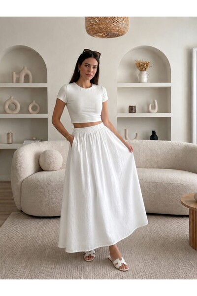 Gülmude Çift Cepli Poplin Kumaş Beli Lastikli İç Göstermez Maxi Etek (90 CM)